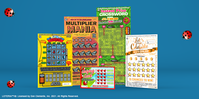 Five new scratchers tickets on blue background