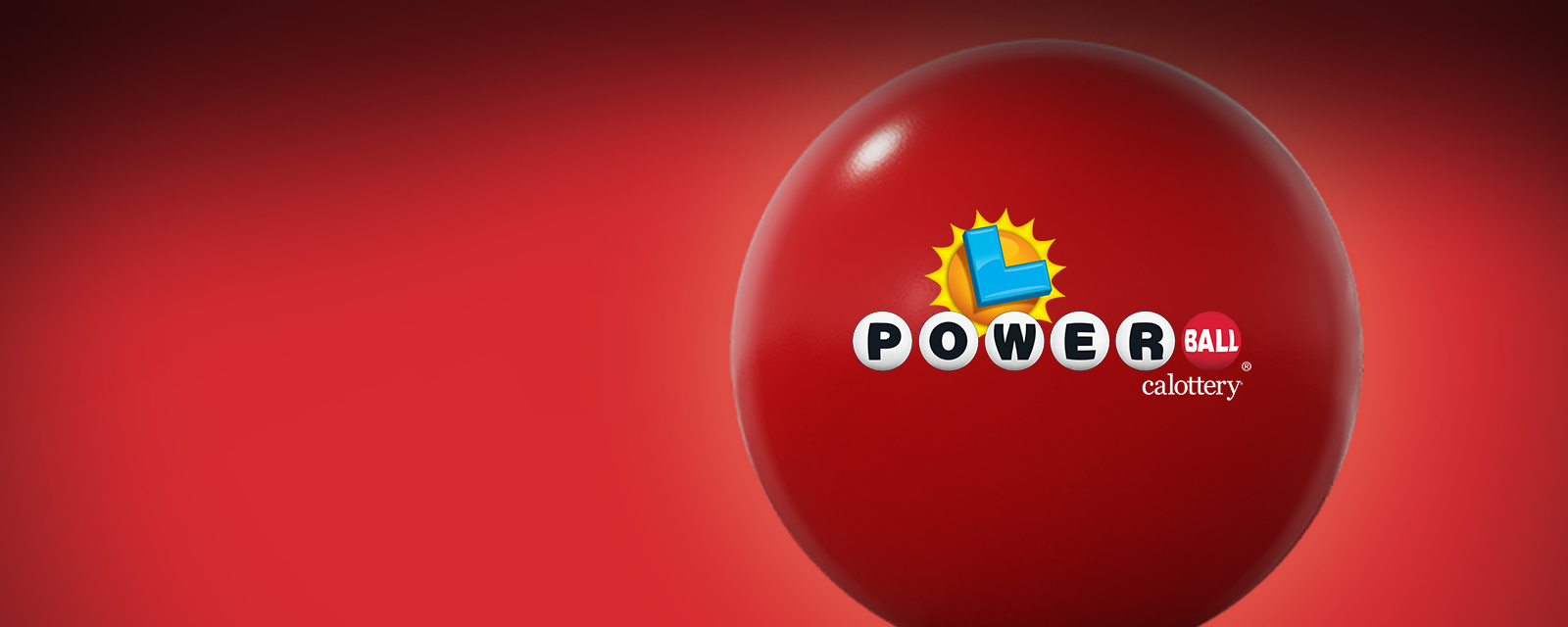 A red background with a big red ball. The ball has the Powerball logo on it