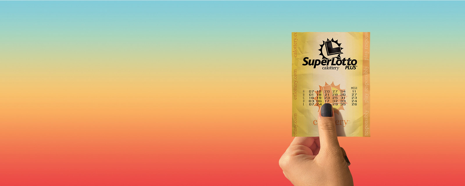 A hand holding up a SuperLotto ticket with colorful background.