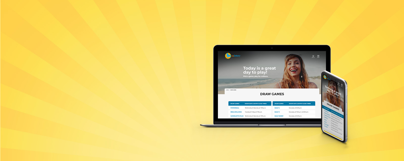 Device showing Draw Games Landing page on yellow background.