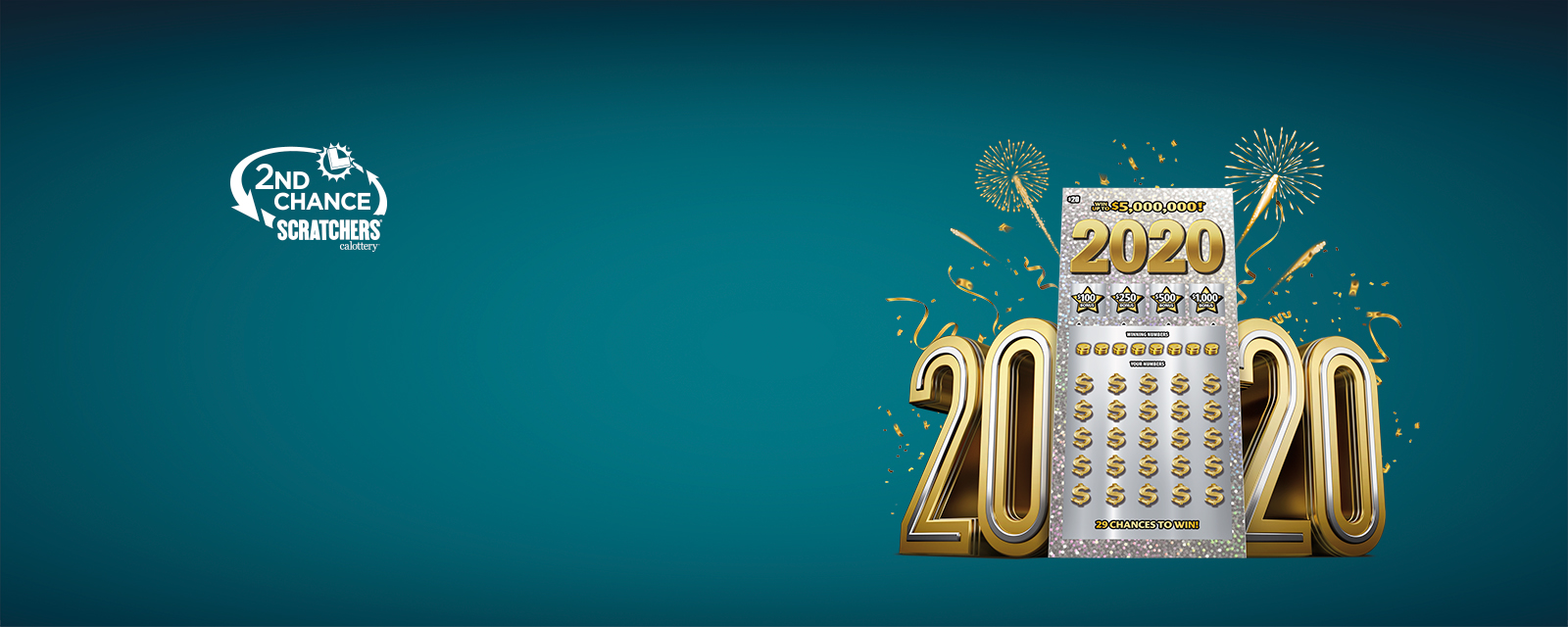 2020 Scratchers ticket on a background of fireworks