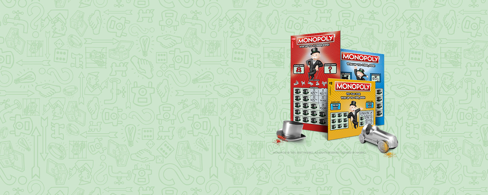 three Monopoly Scratchers on a green background