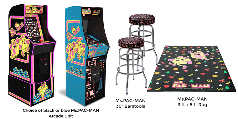 This prize pack includes a choice of a black or blue Ms.PAC-MAN Arcade Unit, two Ms.PAC-MAN 30" Barstools and one Ms.Pac-MAN 3 foot by 5 foot rug