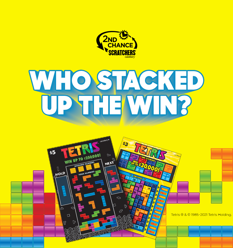 Who Stacked up the win with Tetris scratchers on a yellow background