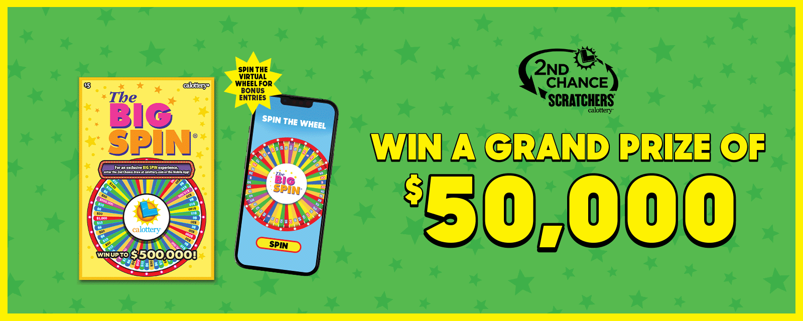 Spin the virtual wheel for bonus entries, Win a grand prize of $50,000