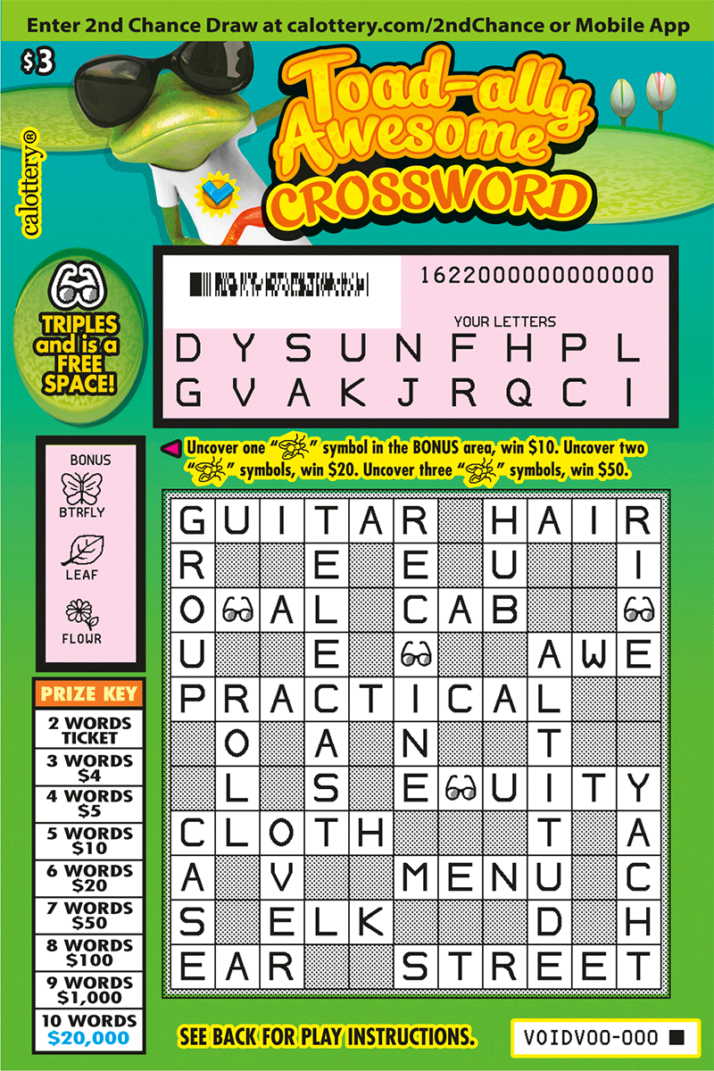 Toad ally Awesome Crossword (1622) California State Lottery Toad ally Awesome Crossword (1622) California State Lottery