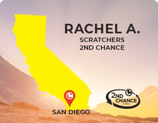 Scratchers 2nd Chance winner Rachel A. in san diego, california