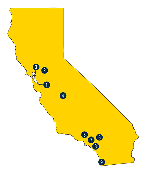 Mapa ng California na nagpapakita ng mga lokasyon ng opisina ng Lottery