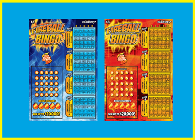 Fireball Bingo Scratcher on a blue background with yellow borders.