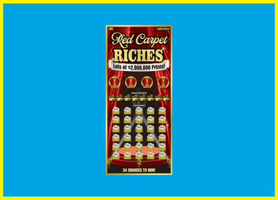 Red Carpet Riches Scratcher on blue background with yellow borders