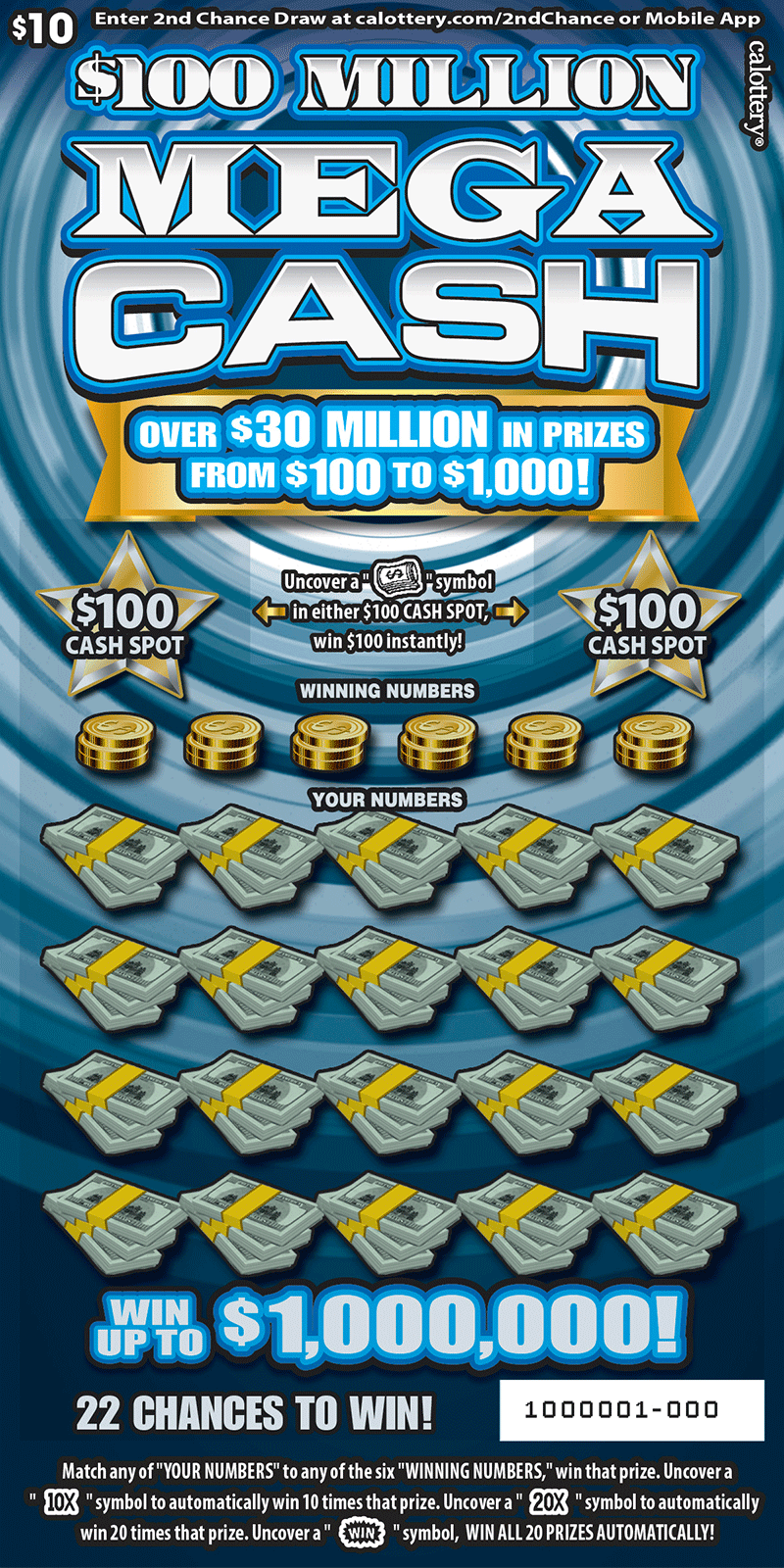 CA Lottery - $100 Million Mega Cash (#1637) - scratch off odds
