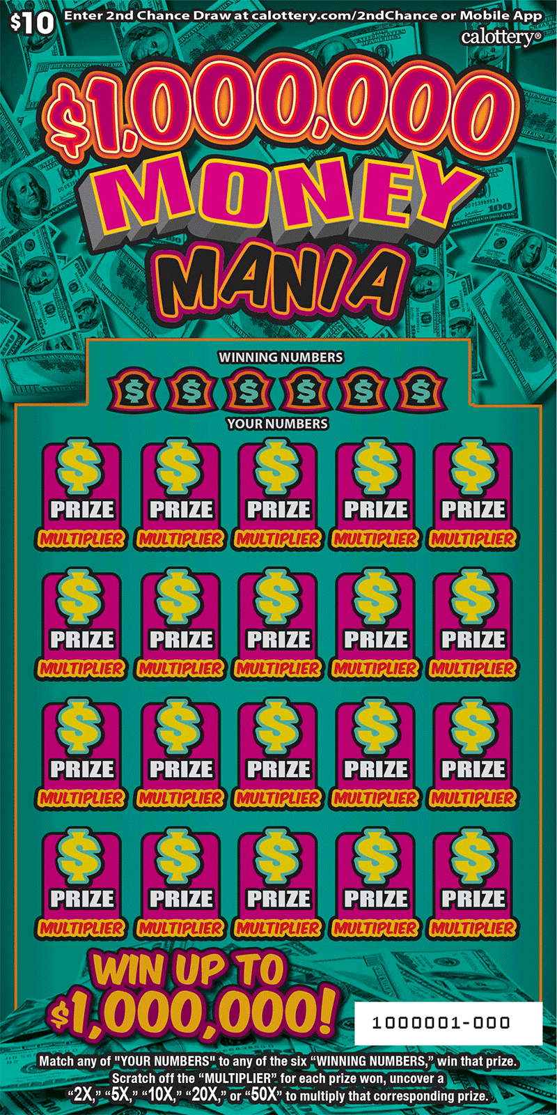 $1,000,000 MONEY MANIA scratcher from California Lottery